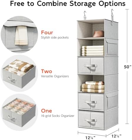 6-Shelf Hanging Closet Organizer with 3 Fabric Drawers, Silver Gray | Removable Fabric Drawers, Side Pockets, Reinforced Structure, Space-Saving Storage for Clothes, Nursery and Dorm Rooms - Image 3
