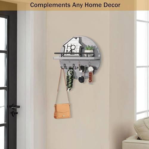 Key Holder for Wall Decorative with Shelf and Hooks, Unique Mail Organizer Wall Mount with Sunglasses Holder, Cute Circular Design Entryway Key Rack Hanger, Rustic Home Decor Boho Wall Decor (grey) - Image 3