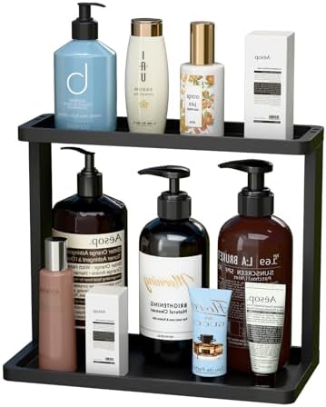 PEKER Bamboo Bathroom Organizer Countertop – Small Vanity Storage Shelf for Makeup, Perfume, Skincare – Natural Cosmetics Display Rack for Dresser, Sink, Kitchen –Black by Unknown