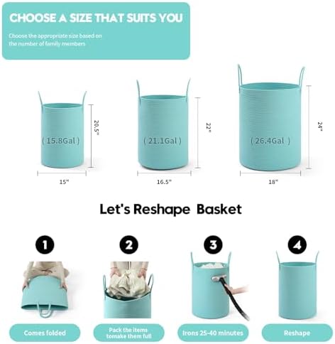 Laundry Basket Hamper Tall Rope Storage Woven for Blanket toys Dirty Clothes in Living Room Bathroom Bedroom (Cyan, 60L/15.8Gal) - Image 2