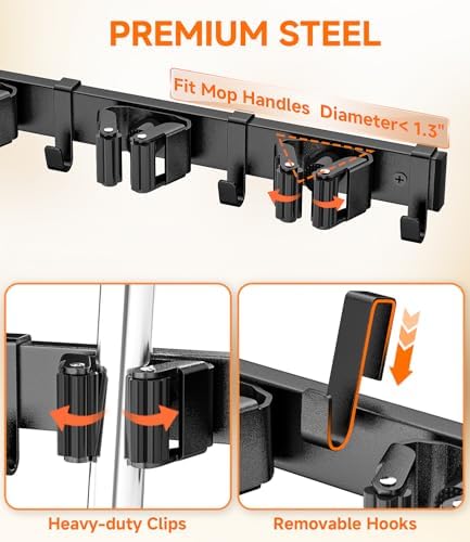 1Pack Broom Holder with Organizer Shelf 4 Broom Slots 5 Removable Hooks - Image 4