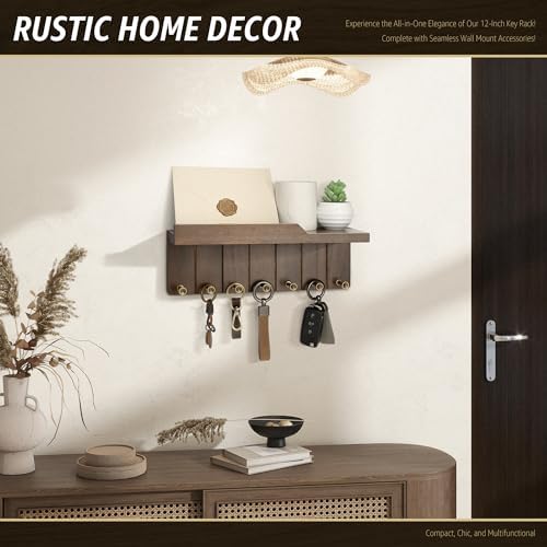 Rebee Vision Key Holder Wall Mount with Shelf for Room Decor, Rustic Brown - Image 2