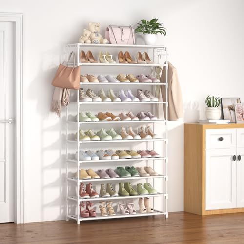 LANTEFUL 10 Tiers Shoe Rack 50 Pairs Large Capacity Tall Shoe Organizer Sturdy Shoe Storage with Two Hooks Space Saving Metal Wide Shoe Rack for Closet, Entryway, Bedroom, White - Image 2