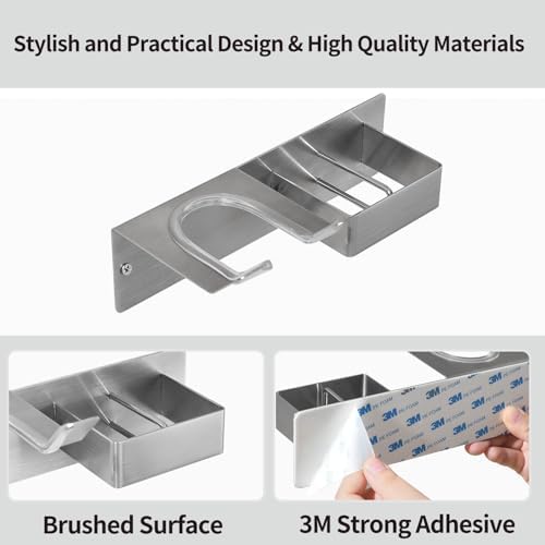 Hair Dryer Holder Wall Mounted, Stainless Steel Blow Dryer Holder for Bathroom, Hair Dryer and Straightener Holder Adhesive or Drilling, Hair Tool Organizer for Salon Barber Shops Banjekt - Image 3
