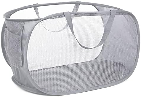 Durable Collapsible Laundry Baskets, Mesh Pop Up Laundry Hamper with Side Pocket, Foldable Clothes Storage Hamper with Reinforced Carry Handles for Laundry, Bathroom, Kids Room, Dorm or Travel Grey by Bemkoo