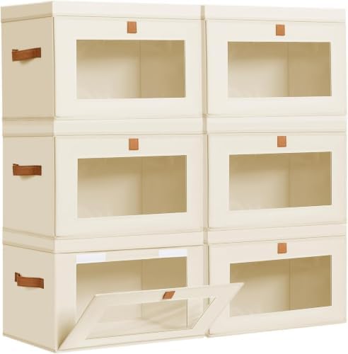 DIMJ Storage Bins with Lids - 6 Pack Large Fabric Closet Organizer with Window & Handles, Collapsible Decorative Storage Boxes for Shelves Under Bed, Books Clothes Blankets Sweaters Organization by DiMJ