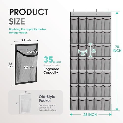 WVM Over the Door Shoe Organizer with 35 Breathable Mesh Pockets, Hanging Shoe Organizer for Door with 4 Metal Hooks, Large Capacity Closet Storage for Shoes, Accessories, Grey - Image 3