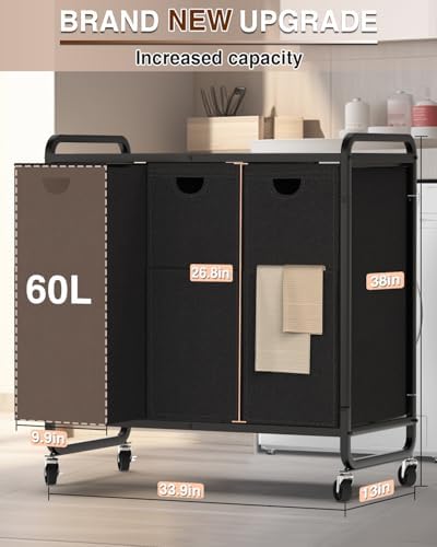 Laundry Sorter 3 Section,Laundry Basket with Wheels,3×15.8 Gal (60L) Black - Image 6