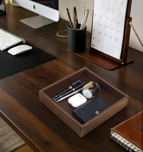 HofferRuffer Faux Leather Vanity Tray, Elegant Desktop Storage Organizer, Decorative Catchall for Perfume, Bathroom Valet, Nightstand or Dresser, 8 x 8 x 1.8 inches (Brown) - Image 6