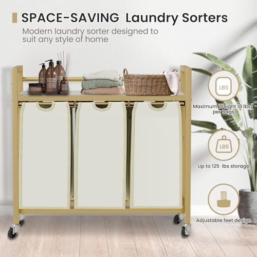 SwaaVee Laundry Sorter, Laundry Hamper 3 Section, 3×11.4Gal, Metal Frame Rolling Laundry Basket with Wooden Top Shelf, Pull out and Removable Laundry Bags, 3 Bags-Golden - Image 7