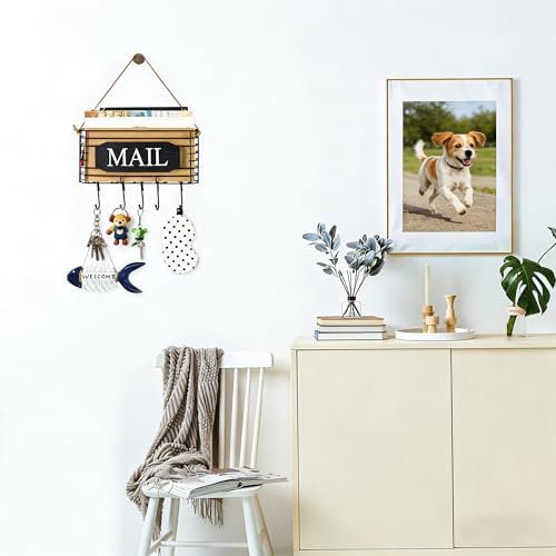 SRIWATANA Rustic Mail Organizer Wall Mount, 5 Key Hooks, Small Size, Black - Image 6