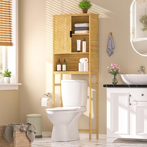 Yardenaler Over The Toilet Storage Cabinet with Fluted Doors, Bathroom Over Toilet Rack with Adjustable Shelf Bamboo FreeStanding Space-Saving Storage Organizer, Natural by Yardenaler
