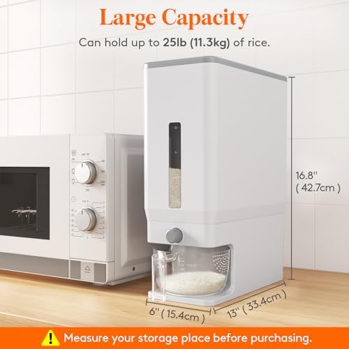 Lifewit Rice Dispenser 25 Lbs, Airtight Storage with Measuring Cup, White - Image 3