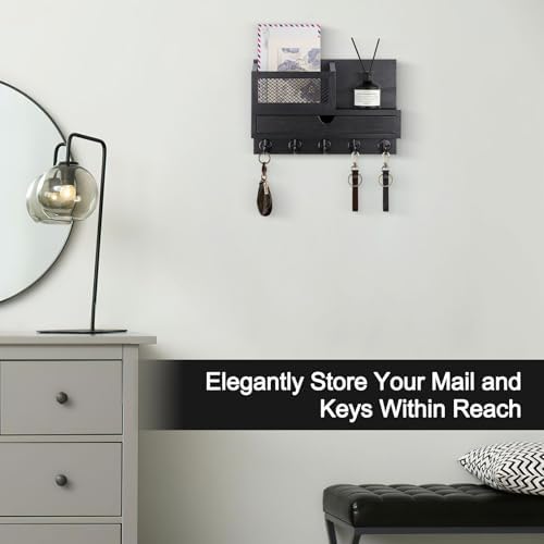 Key Holder for Wall with 5 Key Hooks and Storage Drawer - Image 3