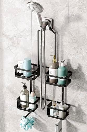 Aluminum Shower Caddy Hanging for Handheld Showerheads, Never Rust Shower Organizer with Hooks Holder Toothbrush Holder，Over Showerhead Caddy for Bathroom, Black by BXINREDA