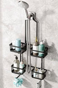 Aluminum Shower Caddy Hanging for Handheld Showerheads, Never Rust Shower Organizer with Hooks Holder Toothbrush Holder，Over Showerhead Caddy for Bathroom, Black by BXINREDA