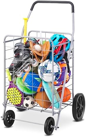 Whitmor Deluxe Utility Foldable Shopping Cart with Wheels, 100 Lb Capacity, Heavy Duty Grocery Cart with Steel Frame, Foam Handle, Rolling Folding Utility Trolley for Grocery, Laundry, Travel, Gray - Image 3