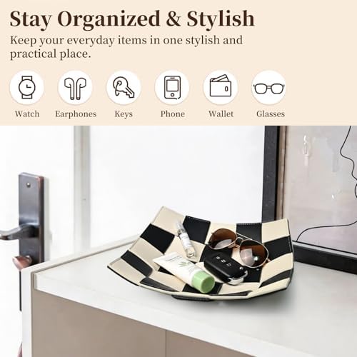 MSJGA Black and White Checkered Valet Tray PU Leather Key Holder Bowl for Women and Men Entryway Table Nightstand Desk Tray for Wallet, Keys Men's Gift - 9.8" L x 9.8" W x 2" H - Image 3