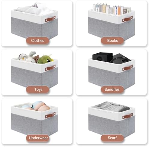 SNWDN 6 Pack Collapsible Fabric Storage Baskets with Handles (White/Grey 15''Lx10.2''Wx9''H) - Image 4