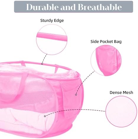 Durable Collapsible Laundry Baskets, Mesh Pop Up Laundry Hamper with Side Pocket, Foldable Clothes Storage Hamper with Reinforced Carry Handles for Laundry, Bathroom, Kids Room, Dorm or Travel Pink - Image 4