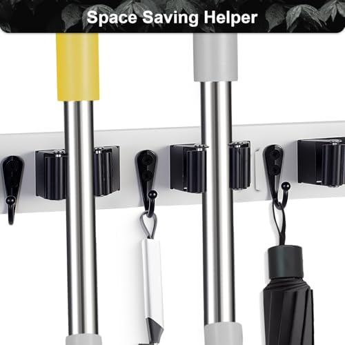 2 Pack Broom Holder Wall Mount With 5 Slots & 4 Hooks，Rustic Wood Broom & Mop Hanger，Wall Mounted Garden & Garage Tool Storage Organizer Rack for Closet Laundry Room or Kitchen Wall Decor White - Image 6