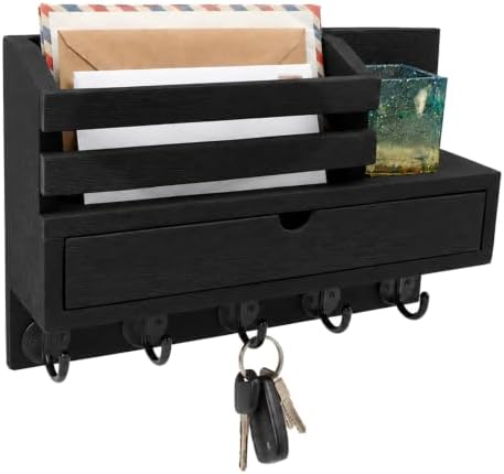 Key Holder Wall Mount, Wooden Mail Holder with Storage Drawer and 5 Key Hooks for Keys, Coats and Dog Leash, Entryway Wall Organizer (Black) by Unknown