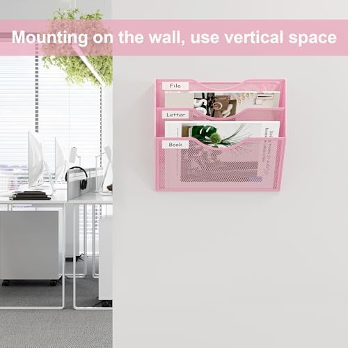 EasyPAG 3 Pocket Mesh Wall File Organizer, Hanging Paper Folder Holder with Classify Label, Vertical Wall Mount Mail Organizer for Office Home Classroom, Pink - Image 4