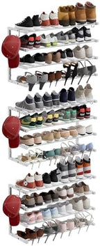 3 Pack Wall Mounted Shoe Rack, 4 Tier Hanging Shoe Rack Holds 48 Pairs, 17"-30" Adjustable Heavy Duty Wall Shoe Shelf with 6 Storage Hooks, Space Saving for Closet Entryway, White by HomeOrganizerandStorage