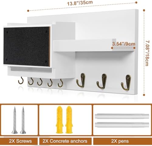 Decorative Key Hanging Rack with 8 Hooks – Easy Install Natural Wooden Key and Mail Holder for Wall Mount – Sunglasses Wallet Holder Entryway Decor with Shelf and Chalkboard (White) - Image 2