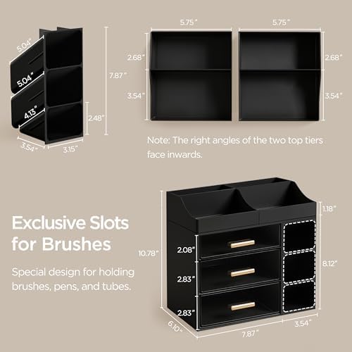 HBlife Cologne Organizer for Men Makeup Organizer Countertop with Brush Holder, Large Bathroom Counter Organizer with Drawers, Plastic Dresser Organizer Storage Fathers Day Gift for Dad Husband, Black - Image 3