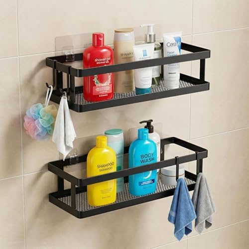 PUSDON 2-Pack Minimalist Shower Caddy Wall Mount, Open Frame Bathroom Shelf Organizer with Mesh Base, Rustproof Floating Spice Rack for Kitchen, Holds 50 LBS, 4 Hooks - Matte Black, Guardrail - Image 2