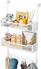 SWTYMIKI Over The Door Hook with 16 Hooks & 2 Mesh Baskets - Heavy Duty Over The Door Organizer Hanger for Towels, Coats, Clothes - Space Saving Hanging Rack for Bathroom, Living Room, White by SwtyMiki-TidyHomeSweetLife
