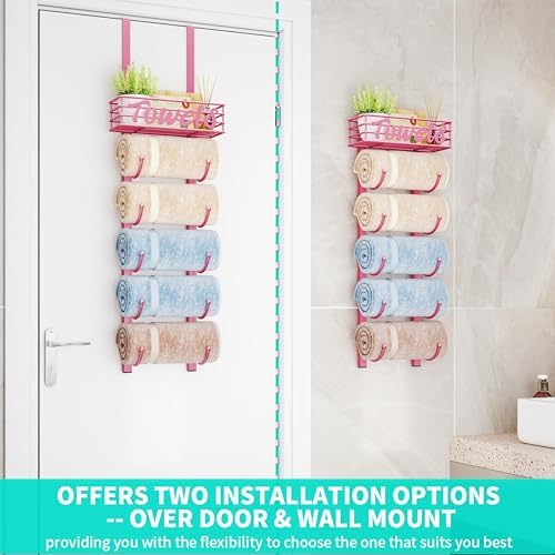 HapiRm Towel Racks for Bathroom Storage - 6 Tier Over The Door & Wall Mount Rolled Towel Storage Organizer Holder with Metal Shelf Basket for Small Bathroom, Camper, Rv - Pink, Patented - Image 2