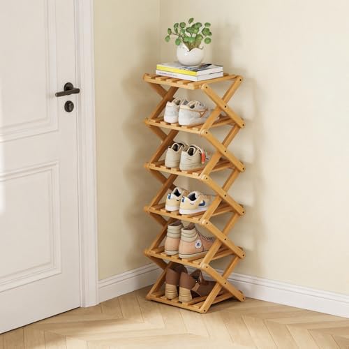 Vertical Narrow Shoe Rack, 6 Tier Portable Folding Shoe Storage Rack, Without Installation Free Standing Shoe Rack for Corridors, Bedrooms Living Room Corner and Small Spaces (6 Tier) by Akloya
