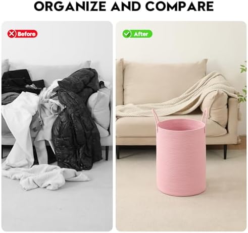 Laundry Basket Hamper Tall Rope Storage Woven for Blanket toys Dirty Clothes in Living Room Bathroom Bedroom (Pink, 80L/21.3Gal) - Image 5