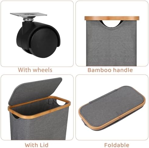 Slim Laundry Basket with Wheels,Narrow Hampers for Laundry, Laundry Hamper with Lid&Bamboo Handles,Dirty Clothes Hamper for for Bathroom Bedroom Dorm, 60L Grey - Image 2