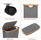 Slim Laundry Basket with Wheels,Narrow Hampers for Laundry, Laundry Hamper with Lid&Bamboo Handles,Dirty Clothes Hamper for for Bathroom Bedroom Dorm, 60L Grey - Image 2