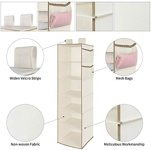 MAX Houser 6 Tier Shelf Hanging Closet Organizer with 2 Widen Straps, Beige | foldable lightweight fabric closet storage, space-saving design for Bedroom, Closet Hanging Shelf for Storage - Image 4
