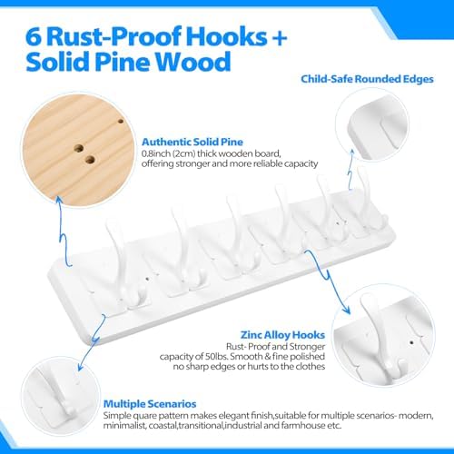 Solid Pine Wooden Wall-Mounted Coat Rack - Rustic Entryway Organizer with 6 Zinc Alloy Hooks, Space Saving Wall Coat Hanger for Jackets, Hats, Bags, Towels & Robes (White, 6 Double Hooks) - Image 3