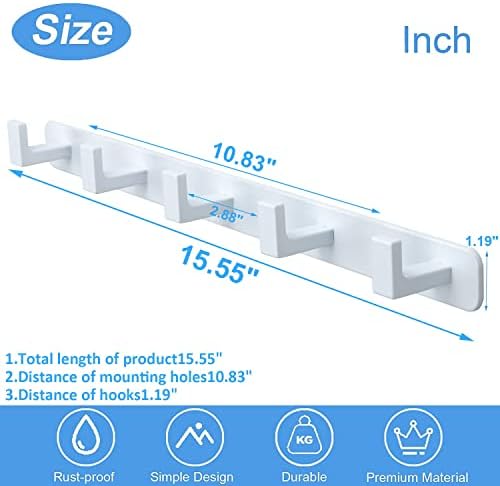 Coat Rack, Heavy Duty Stainless Steel 5 Tri Coat Hook Hanger, Wall Mounted Storage Wall Hooks, Rustic Clothes Hook/Key Hook Rail for Bathroom Kitchen Entryway(5 Hook White) - Image 7