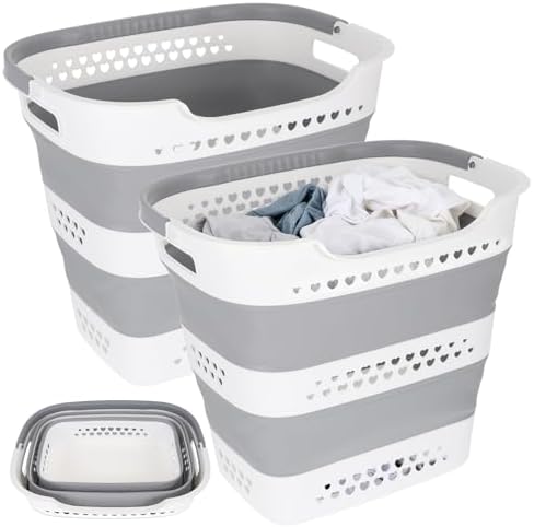 2 Pcs Collapsible Laundry Baskets for Clothes, 43L Plastic Laundry Hamper for Dorm Bedroom, Space Saving Pop-Up Laundry Hamper Container, Durable Foldable Laundry Basket with Handles (Grey-White) by Unknown