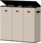 185L Laundry Hamper 3 Section, Laundry Hamper with Lid, Dirty Clothes Hamper with 3 Removable Washing Bags, Extra Large Laundry Basket Organizer for Bedroom, Laundry Room, Dorm - Khaki by Vexalora