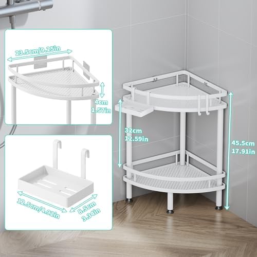 HapiRm Standing Corner Shower Caddy - 2 Tier Shower Organizer Corner with Soap Holder and 4 Hooks, Rustproof Bathroom Storage Shelves with Adhesives, White - Image 5