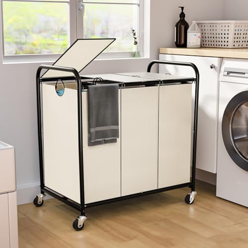 180L Laundry Sorter 3 Section, Rolling Laundry Basket with Wheels and Lid by OLLDIDE