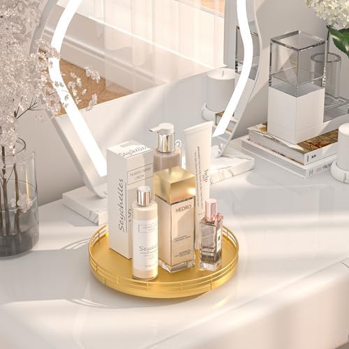 Oroyutor 10-Inch Oak Lazy Susan Vanity Tray with Gold Metal Rail - Image 2
