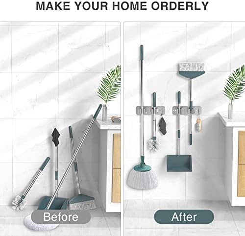 homeasy Wall Mount Mop and Broom Holder, Heavy Duty Stainless Steel Organizer Rack with Hooks | 2-Pack, 2-in-1 No Drill & Screw Installation, Silver - Image 3