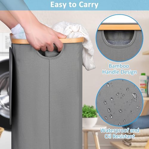 efluky Slim Laundry Basket with Wheels, Narrow Rolling Laundry Hamper with Lid and Removable Bag, Tall Aesthetic Dirty Clothes Hamper on Wheels for Laundry Room, Bedroom, Dorm and Bathroom, 75L Grey - Image 3