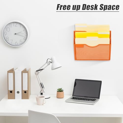 EASEPRES 3 Pocket Mesh Hanging Wall File Organizer, Wall Mounted Mail Paper Document Folder Holder, Clipboard Storage Organization Magazine Rack with Nametag Label for Office Home School, Orange - Image 3
