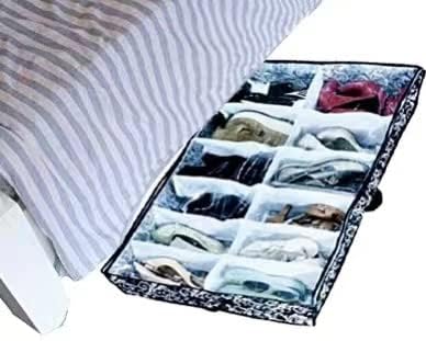 12 Cells See Through Underbed Shoes and Boots Storage Bag Organizer with Black and White Flower (Black) - 40.9x24.4x5.51 Inch - Image 5