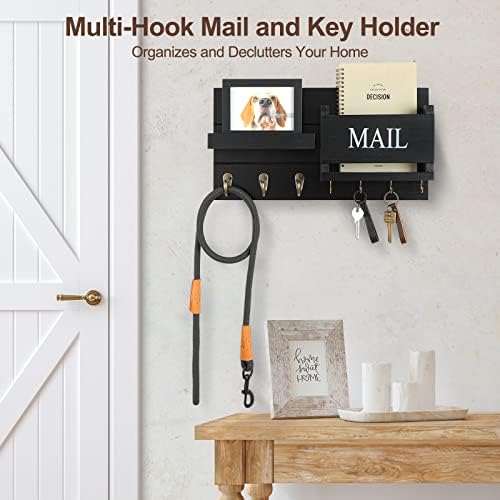 Lwenki Mail Organizer for Wall Mount – Key Holder with Shelf Includes Letter Holder and Hooks for Hallway Farmhouse Decor – Rustic Wood with Flush Mounting Hardware (16.5” x 9.1” x 3.4”) (Black) - Image 3